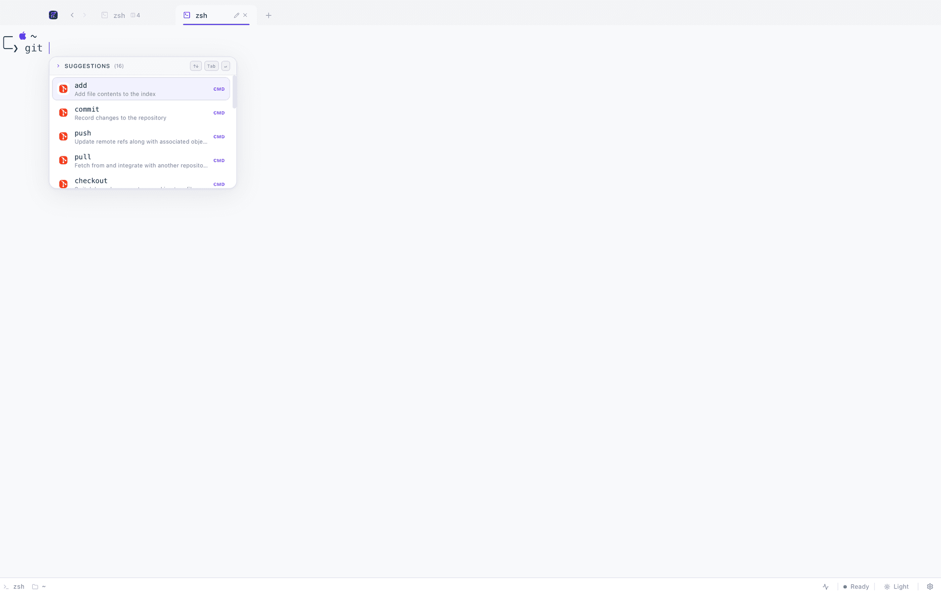 FigyTerm suggesting git subcommands — add, commit, push, pull, checkout — each with its own description