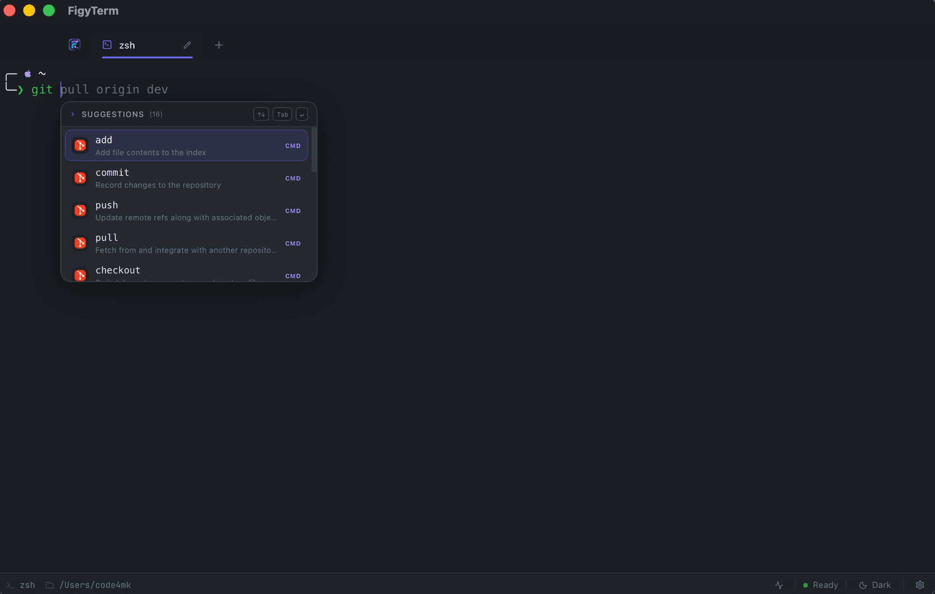 FigyTerm showing git subcommand autocomplete suggestions with descriptions in a dark macOS terminal window